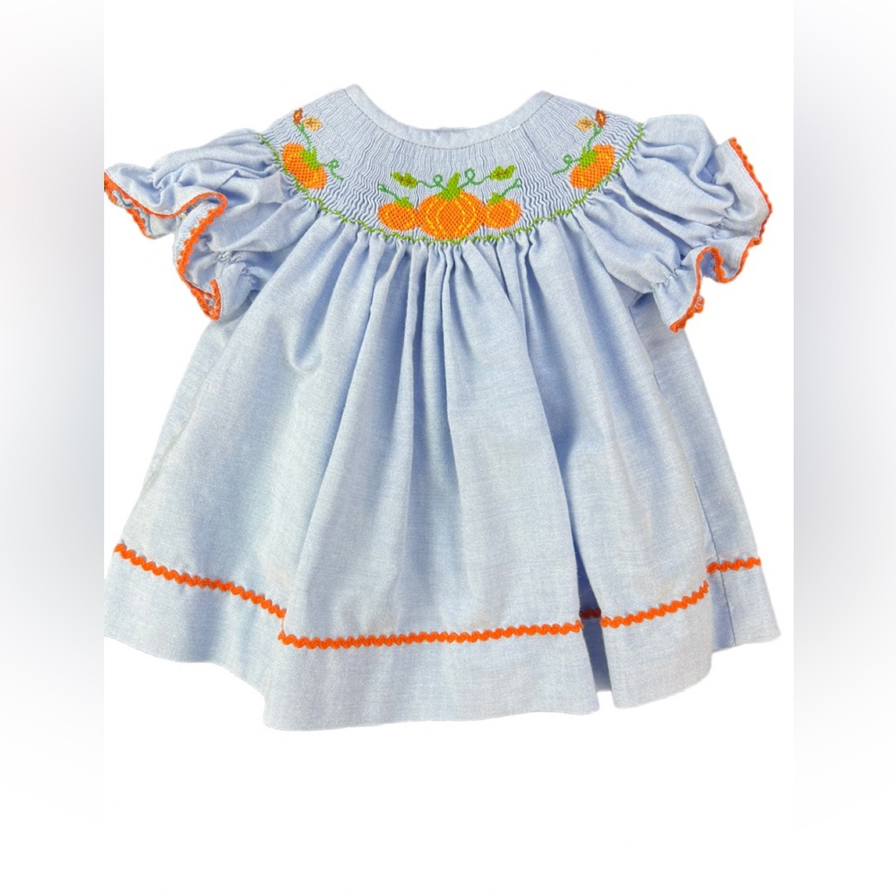 SOUTHERN SUNSHINE KIDS Smocked and Embroidered Pumpkin Dress- 3M